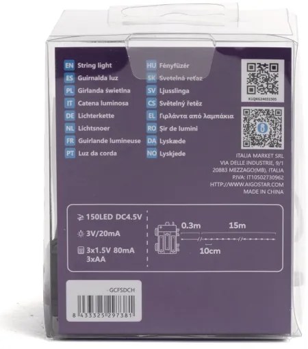 Aigostar - Catena LED esterna 150 LED, 8 funzioni, 3xAA, 15,3m, IP44, multicolor