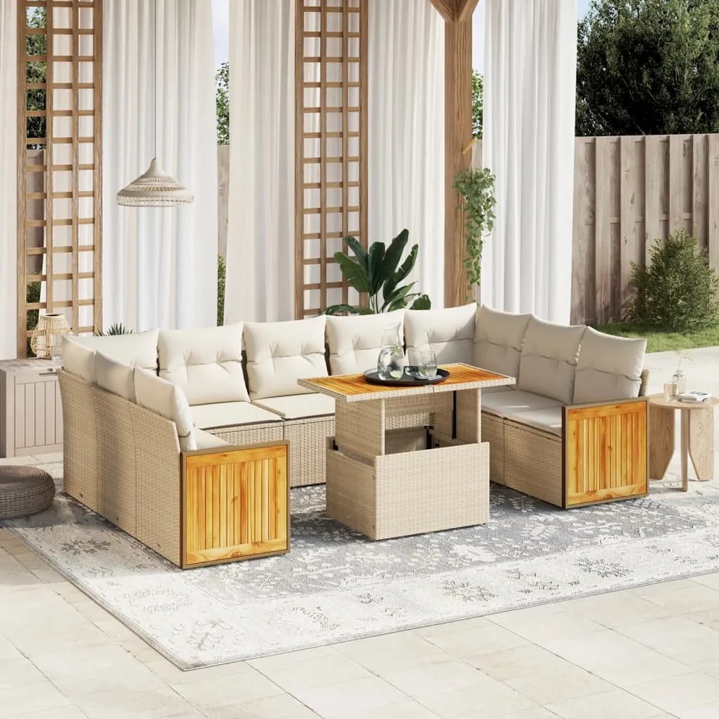 Set divano da giardino 10 pz con cuscini beige in polyrattan