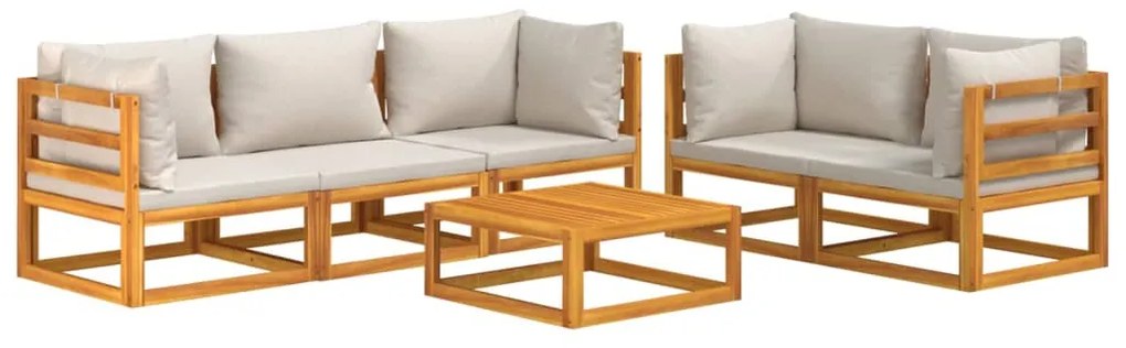 Set Salotto Giardino 6pz Cuscini Grigio Chiaro Legno Massello