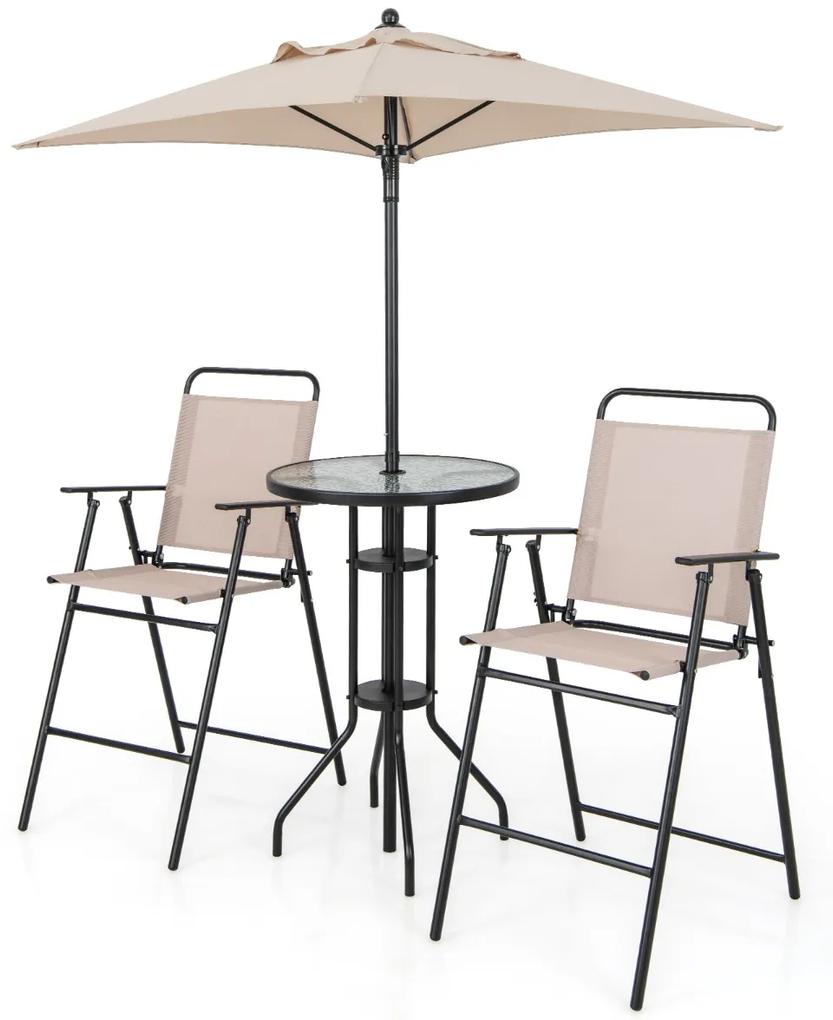 Costway Set mobili da bar da esterno 4 pezzi, Tavolo alto rotondo con 2 sedie pieghevoli alte e ombrellone per giardino Beige