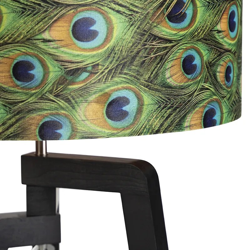 Lampada da terra treppiede nera con paralume a motivo pavone 50 cm - Puros