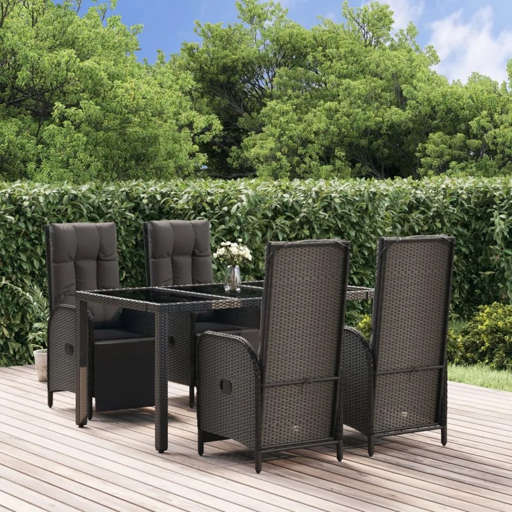 Set da pranzo da giardino 5 pz nero con cuscini in polyrattan