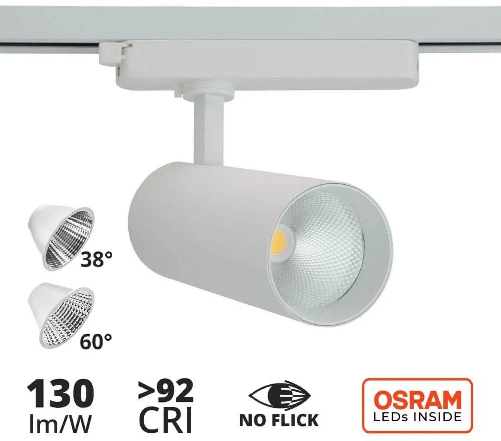 Faro LED 30W, Monofase, 38°/60°, 130lm/W, CRI92, no Flickering Colore  Bianco Caldo 2.700K