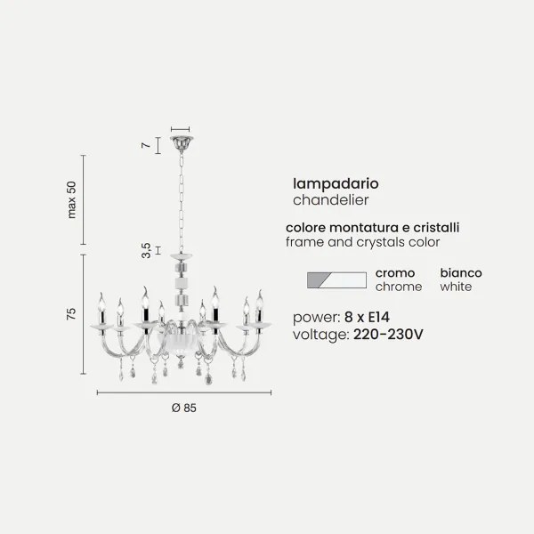 Lampadario sospeso LIVIA D85 cm in vetro e cristallo Bianco 8 luci