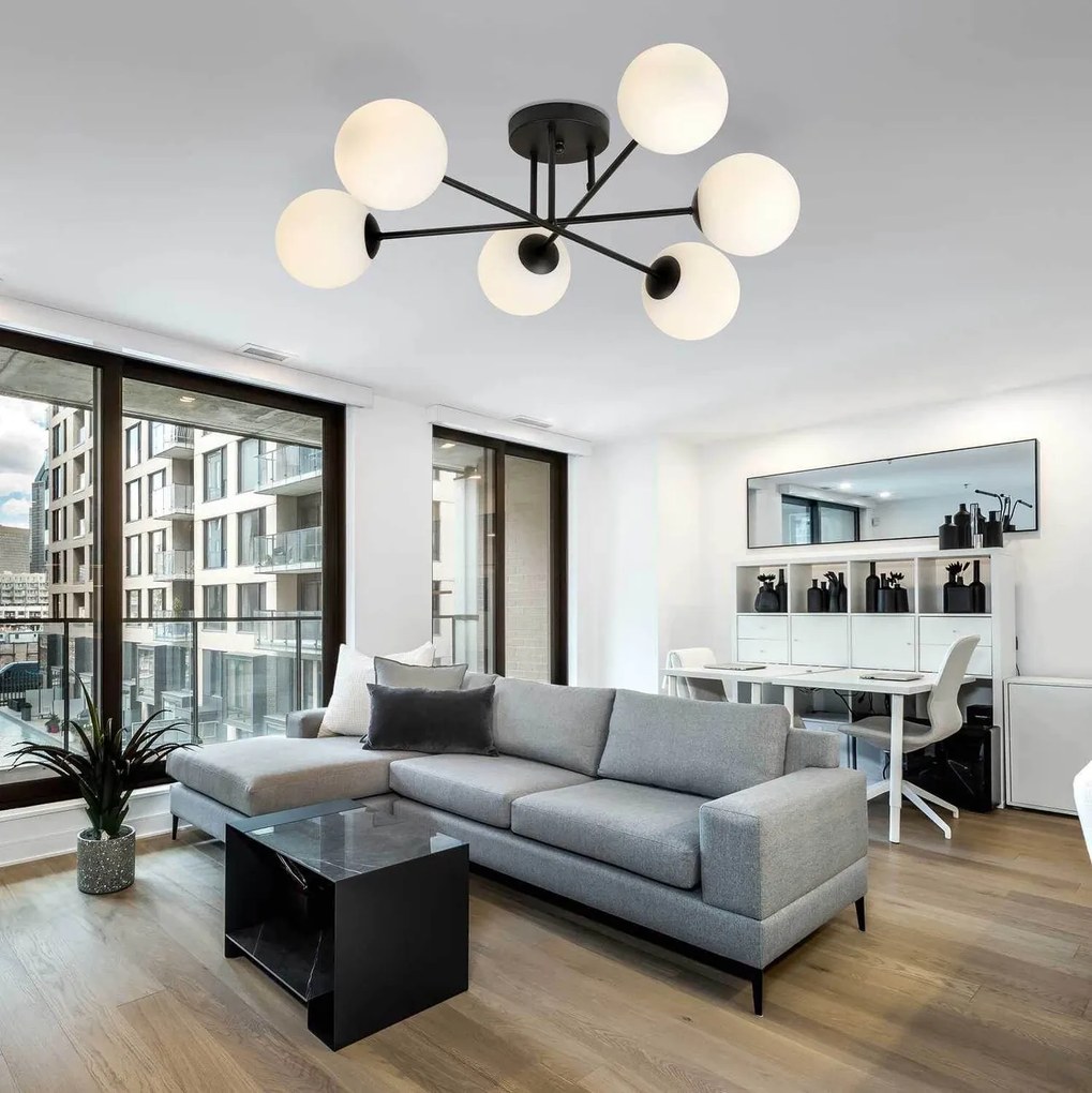 Lampadario Roma 6 Nero con sfere Bianche Satinate E14 da soffitto