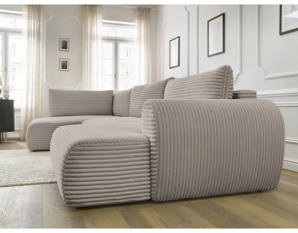 Divano angolare in grigio chiaro/beige allungabile (con penisola a destra/a forma di "U") con rivestimento in velluto a coste Lucien – Bobochic Paris