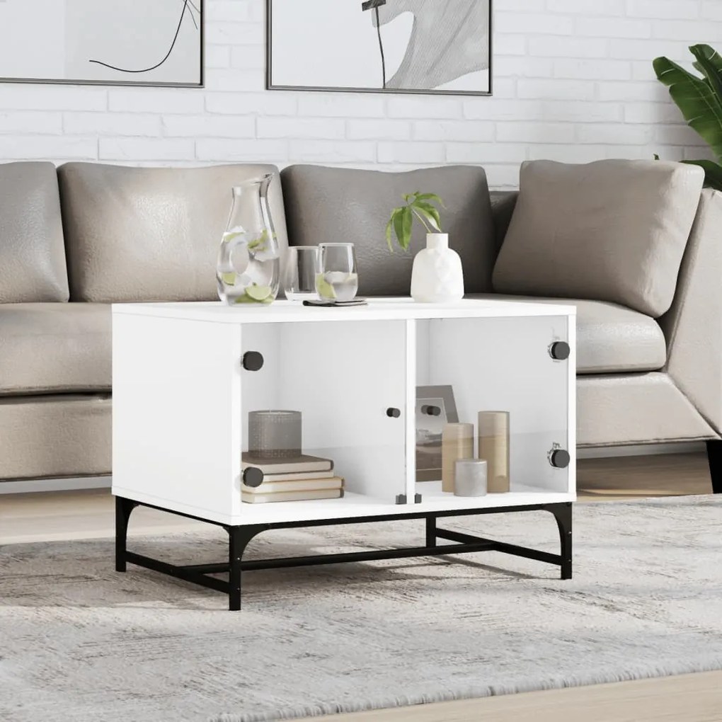 Tavolino Da Salotto Con Ante İn Vetro Bianco 68,5x50x50 Cm /