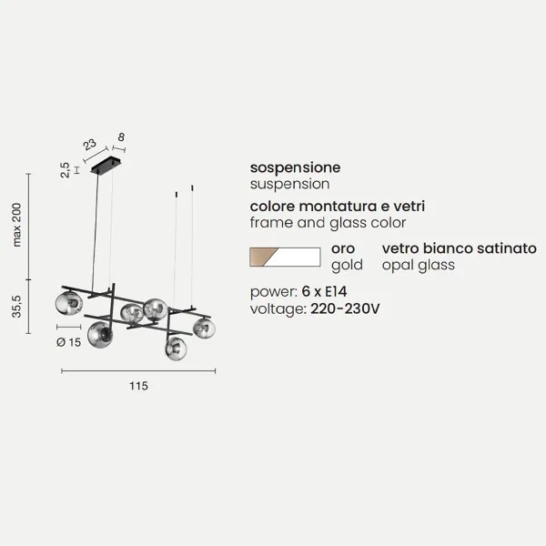 Lampada a sospensione JEWEL in metallo e vetro soffiato 6 Luci 115 cm Oro