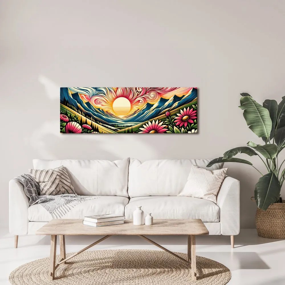 Quadro su tela – Paesaggio solare con fiori e montagne