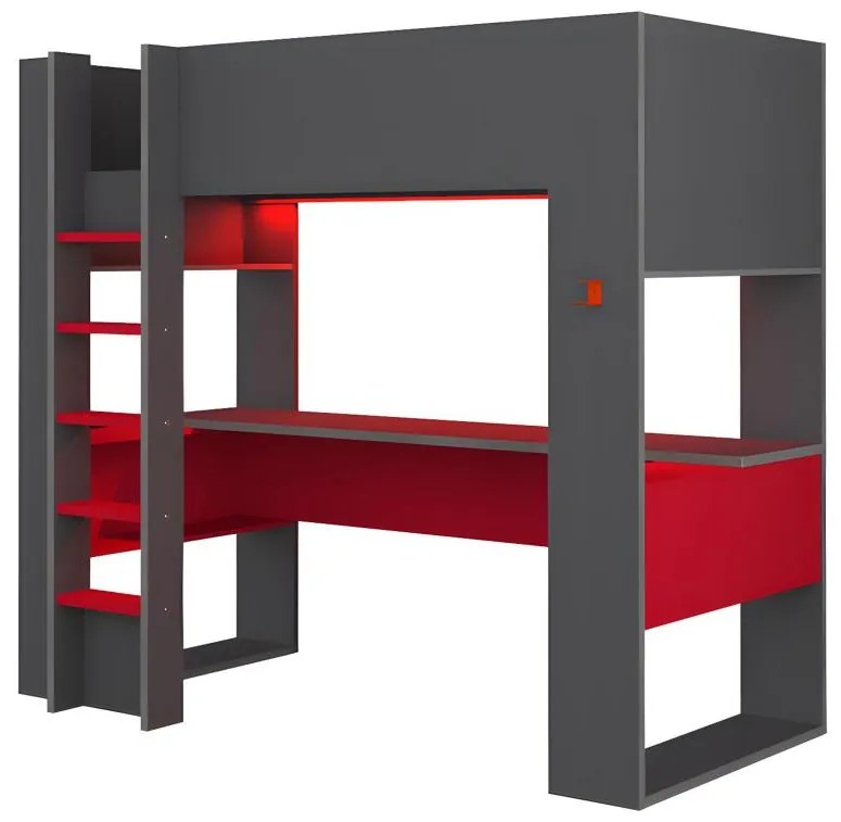 Letto a soppalco gamer + scrivania con LED e vani portaoggetti integrati 90 x 200 cm Antracite e Rosso - NOAH