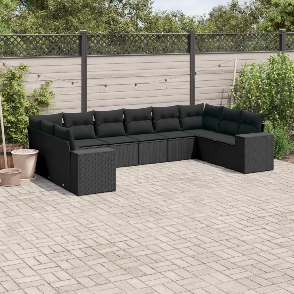 Set divani da giardino 10pz con cuscini in polyrattan nero