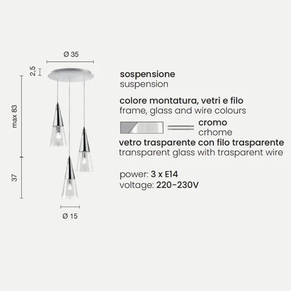 Lampada a sospensione TRENTO con 3 diffusori in vetro soffiato Cromo