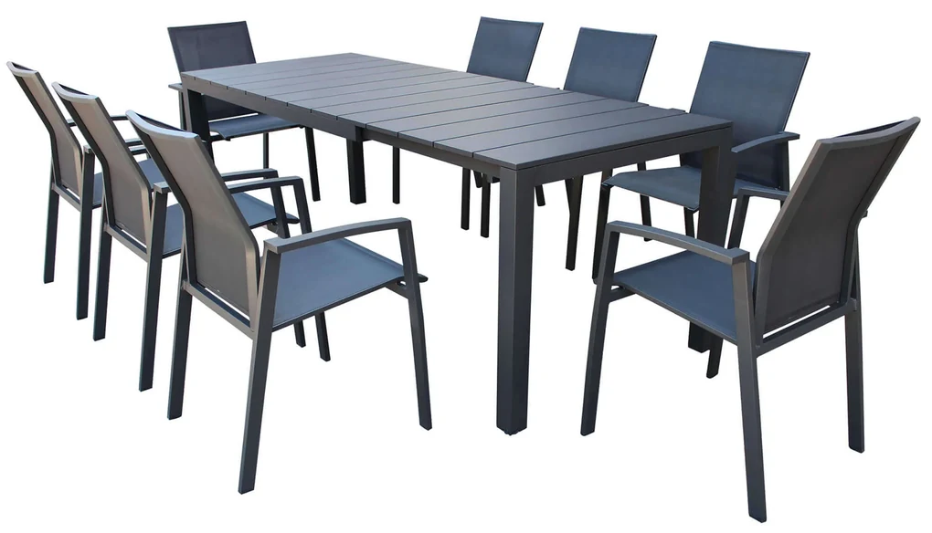 ALASKA - set tavolo in alluminio cm 148/214 x 85 x 75,5 h con 8 poltrone Lotus