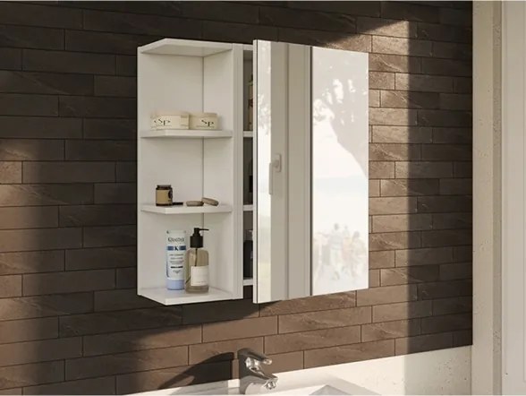 Specchiera Da Bagno 40 Cm 1 Anta Con Ripiani Modulare Bianco Lucido