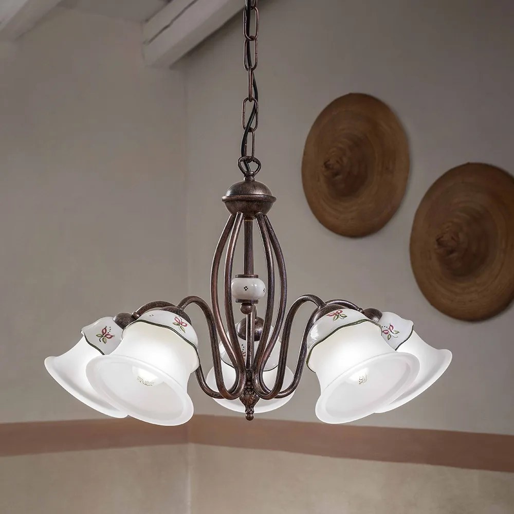 Lampadario Classico Ferrara Metallo E Ceramica Nero Sfumato Rame 5 Luci E14