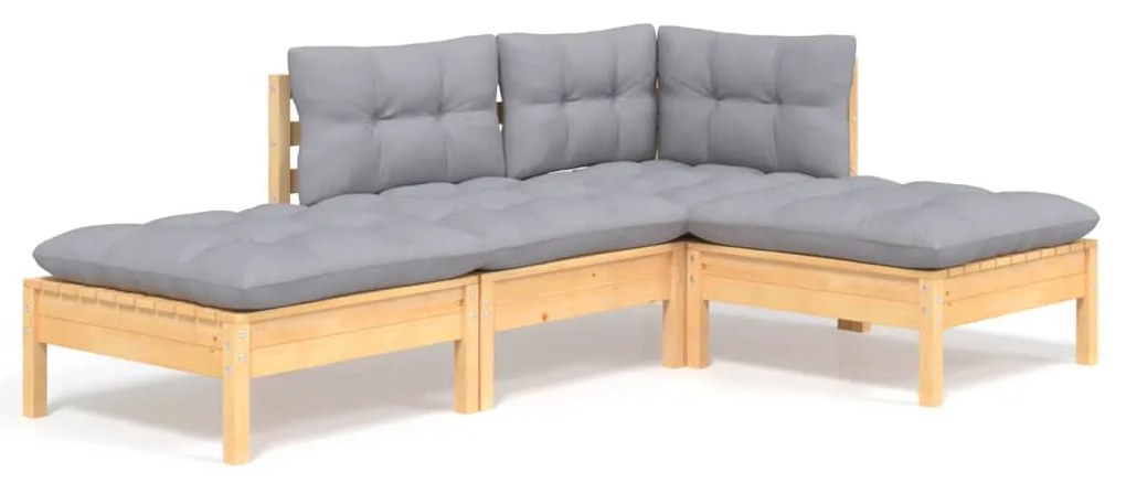 Set divani da giardino 4 pz con cuscini grigi massello di pino