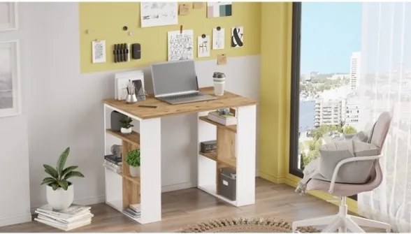 Scrivania Libreria Con Ripiani Laterali 90x60x74H Rovere E Bianco Bremen