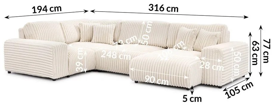 Divano angolare color crema (con penisola a sinistra/a U) rivestito in velluto a coste Justin – Ropez