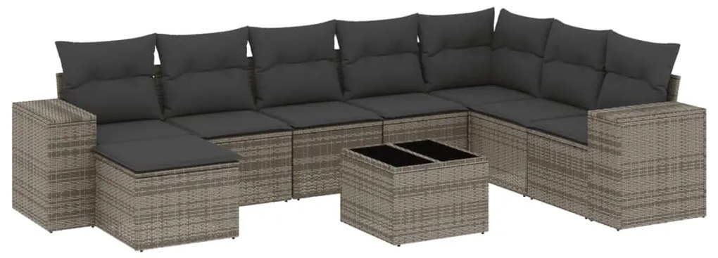 Set divano da giardino 9 pz con cuscini grigio in polyrattan