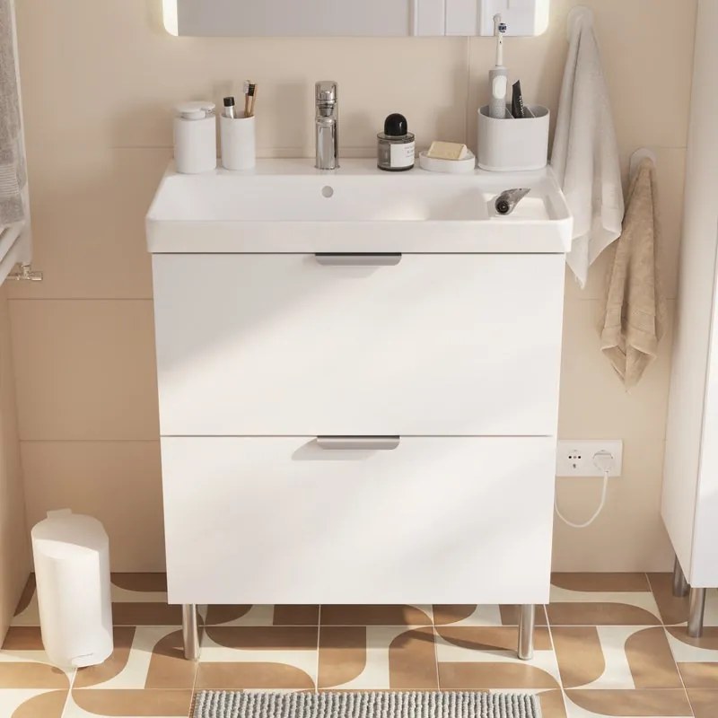 Mobile bagno a terra con lavabo e colonna L 71.2 x H 81.8 x P 39.6 cm in truciolare 2 cassetti,  top incluso