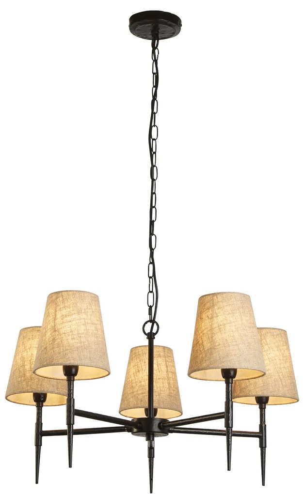 Lampadario Industrial-Nordico Gotico Acciaio Nero Tessuto 5 Luci E14