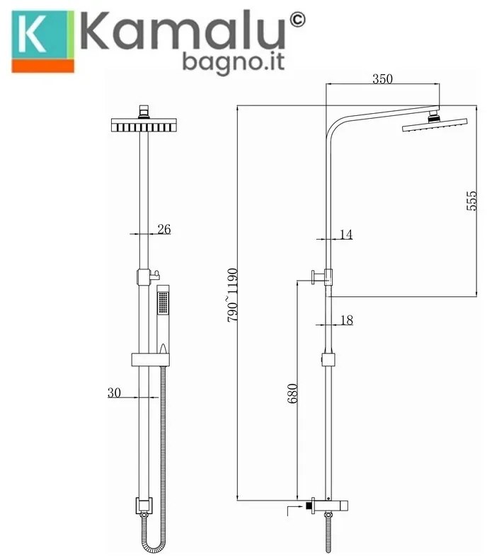 Kamalu - Colonna doccia fissa con soffione quadrato finitura cromata| K6000