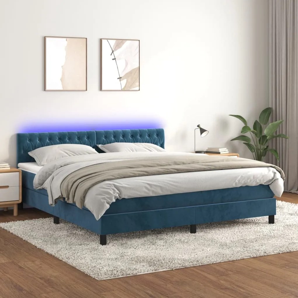 Letto a molle con materasso e led blu scuro 180x200 cm