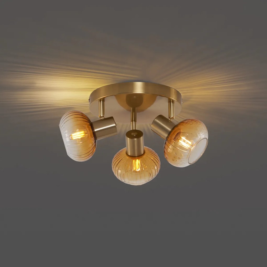 Faretto da soffitto moderno oro con vetro ambra rotondo 3 luci - Teddy