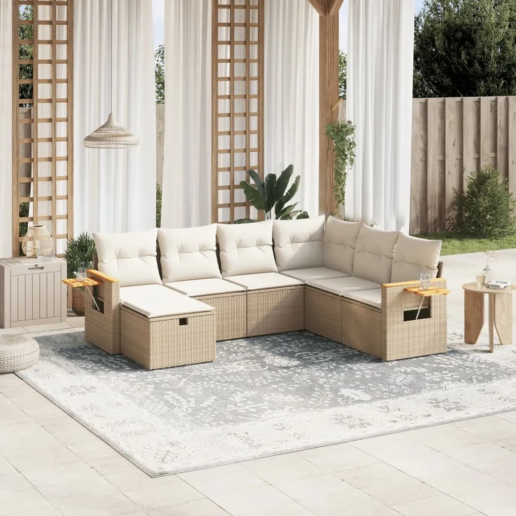 Set Divani da Giardino 7 pz con Cuscini Beige in Polyrattan