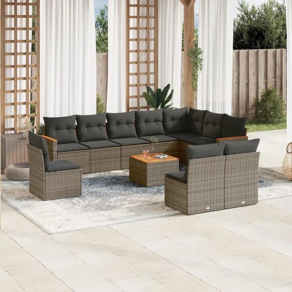 Set divani da giardino 11 pz con cuscini in polyrattan grigio