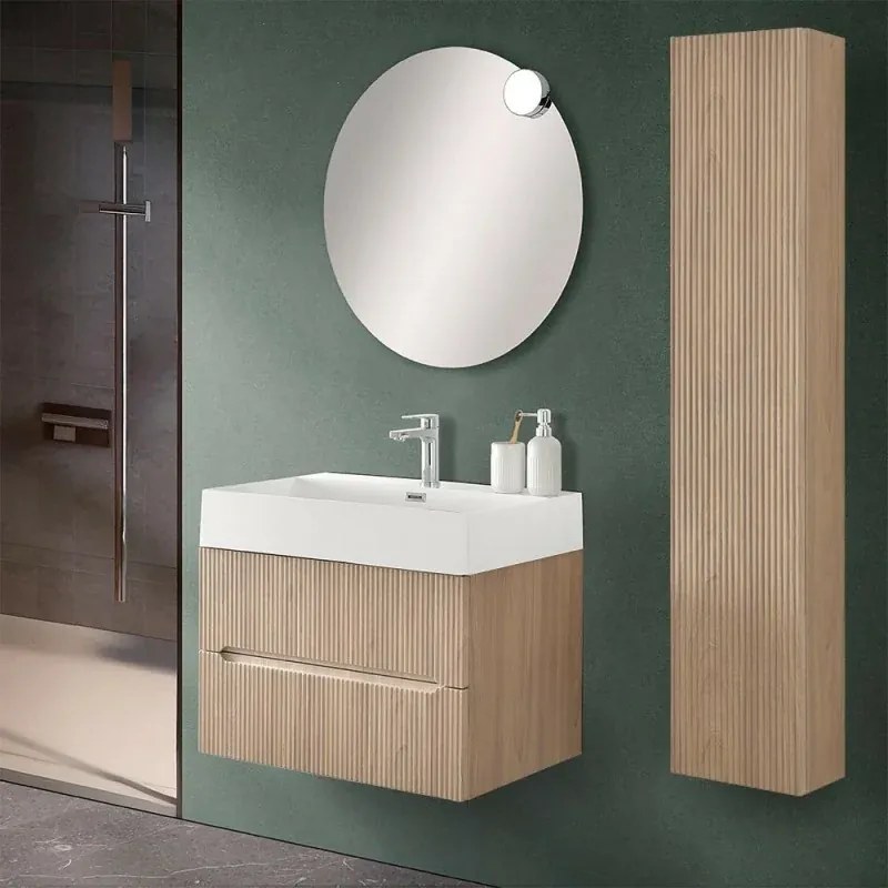 Mobile bagno sospeso cannettato 70 cm rovere chiaro con specchio Bali