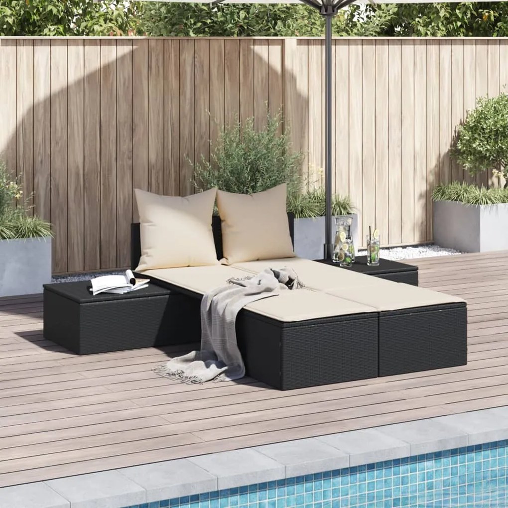 Lettino Prendisole Doppio Con Cuscini Nero İn Polyrattan /