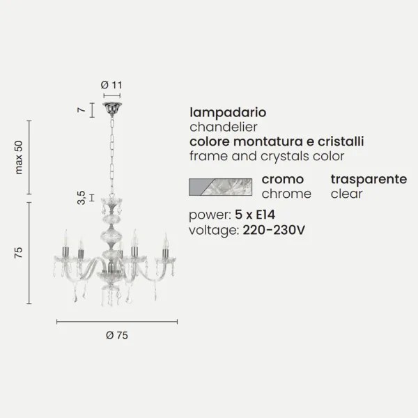 Lampadario sospeso DALLAS D75 cm in cristallo con finiture cromo 5 luci