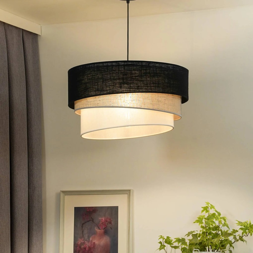 Euluna lampada a sospensione Trio, nero/grigio/bianco, tessuto, Ø 45 cm