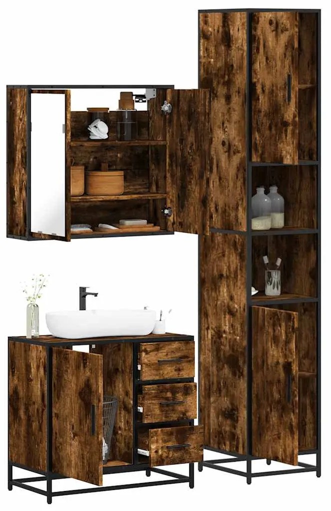 Set Mobili Da Bagno 3 Pz Rovere Fumo İn Legno Multistrato /