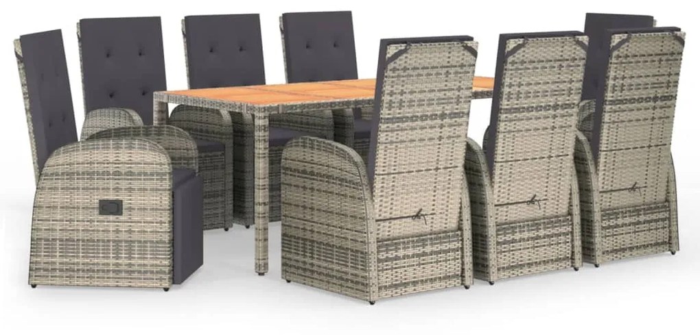 Set da pranzo da giardino 9 pz con cuscini in polyrattan grigio