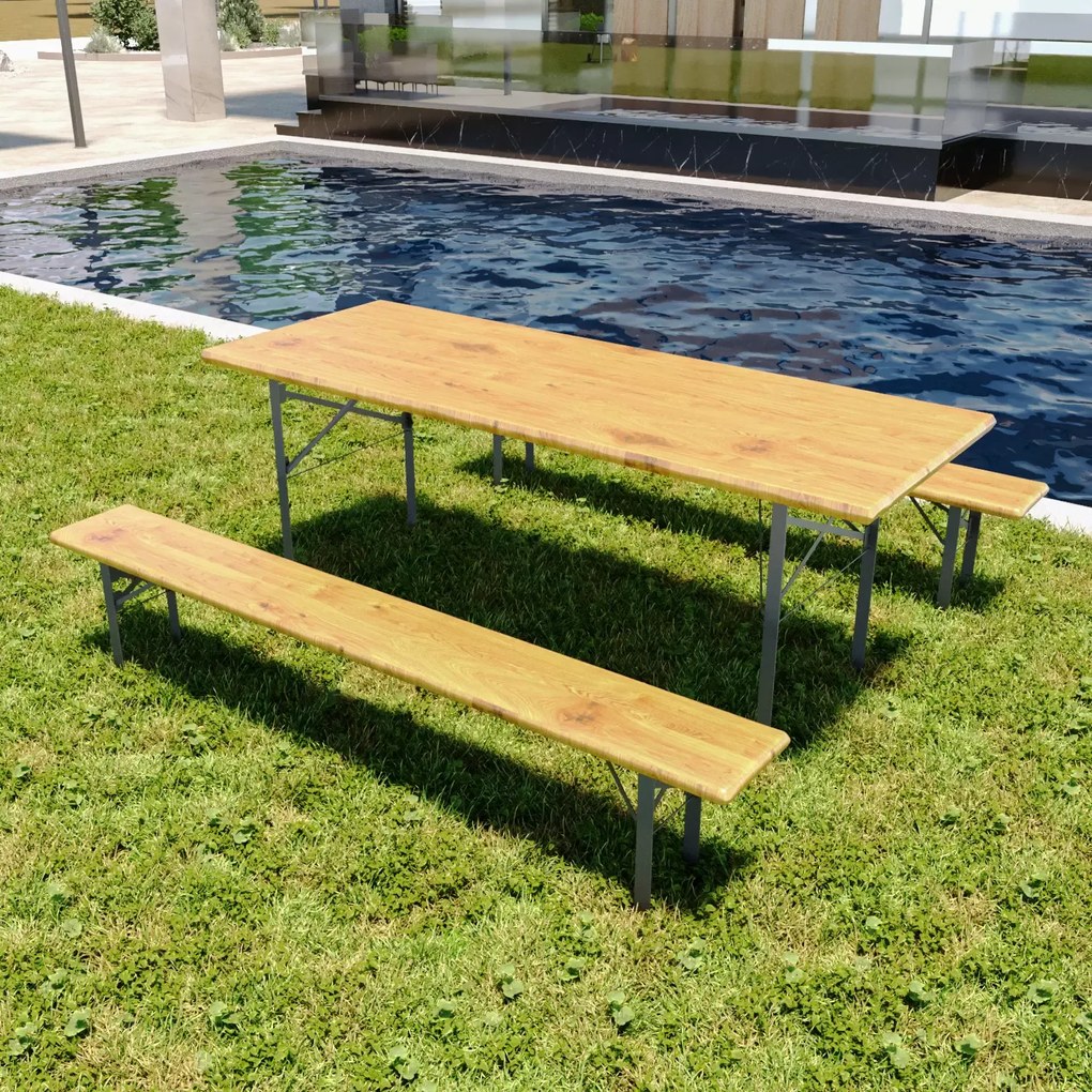 Set Birreria Completo Tavolo Con 2 Panche In Legno Naturale Gambe Pieghevoli Facile Trasporto Mobili Per Bar Pub Giardino Piscina Fiera Picnic Camping Campeggio Feste Sagre (220 x 70 x 75 Cm)