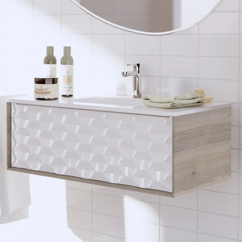 Mobile sottolavabo e lavabo Neo per vasca centrale rovere grigio/bianco 3d L 90 x H 32 x P 48 cm