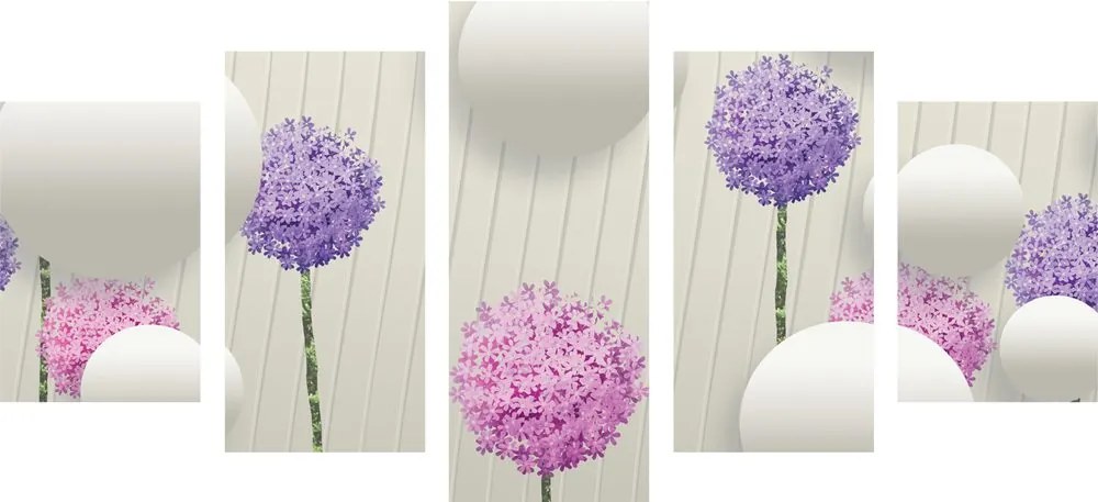 Quadri 5 pezzi – Fiori interessanti con elementi e motivi astratti