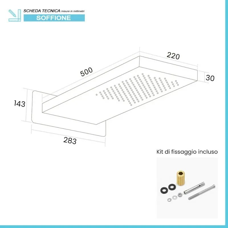Soffione doccia a sbalzo 22x50 cm cromato in acciaio inox