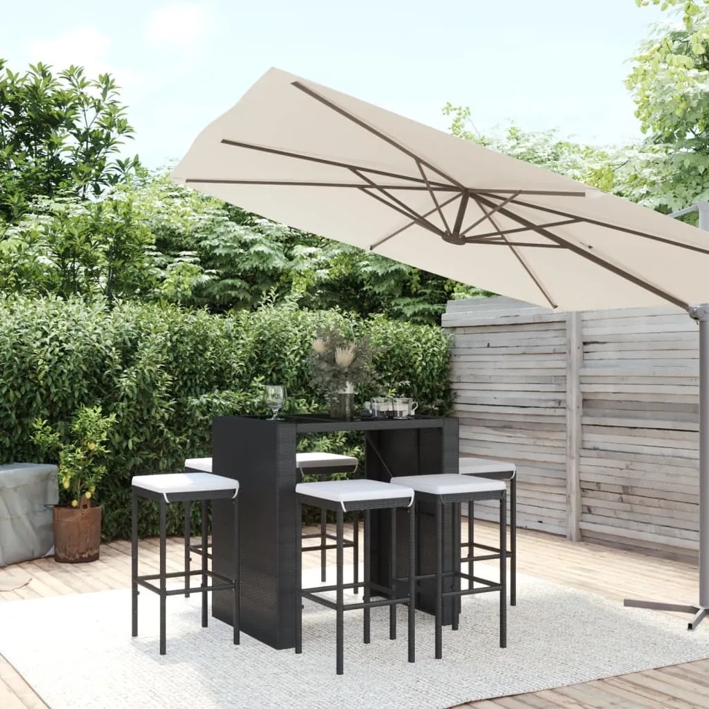 Set bar da giardino 7 pz con cuscini in polyrattan nero