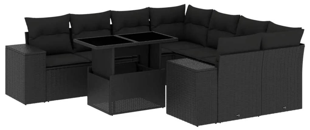 Set divani da giardino 9 pz con cuscini nero in polyrattan