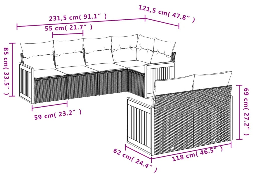 Set divani da giardino 7 pz con cuscini beige in polyrattan