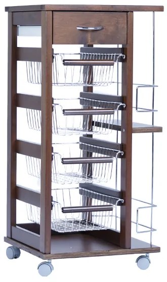Carrello salvaspazio con cesti portafrutta e portabottiglie Noce