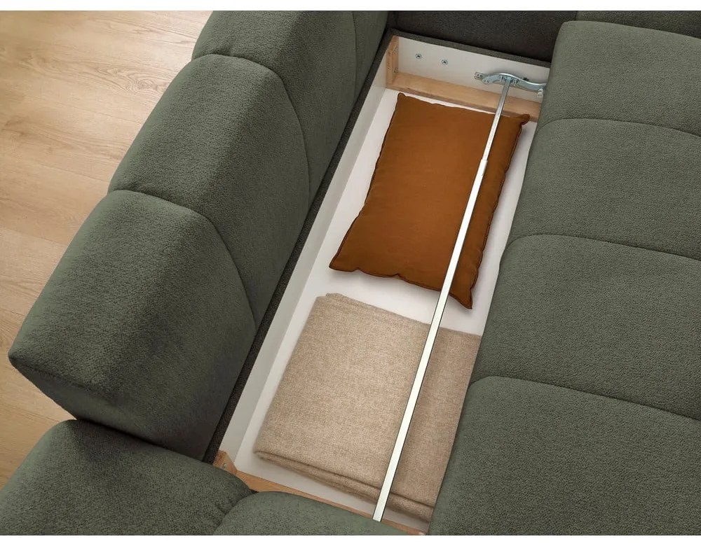 Divano angolare verde allungabile e con contenitore (penisola a destra/chaise lounge) con rivestimento in ciniglia Everest – Bobochic Paris