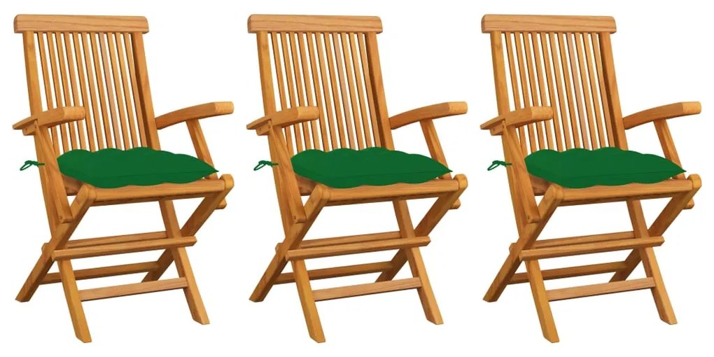 Sedie da giardino con cuscini verdi 3 pz in massello di teak