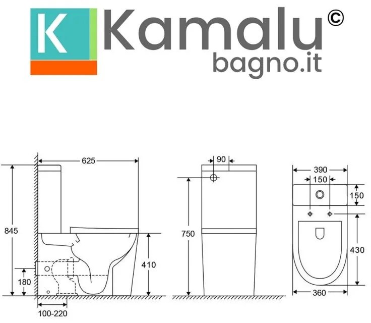 Kamalu - set sanitari monoblocco rimless con copriwc soft close | klea-t