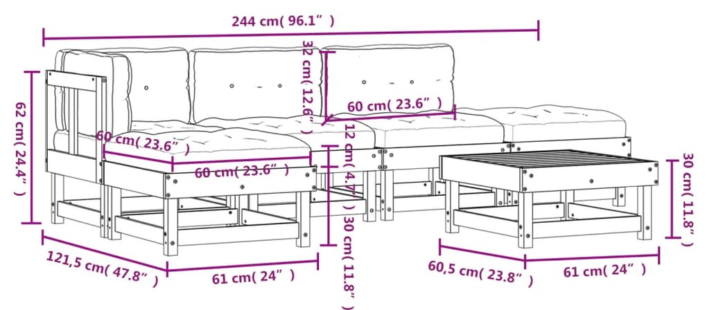 Set Divani da Giardino 6 pz con Cuscini in Legno Massello