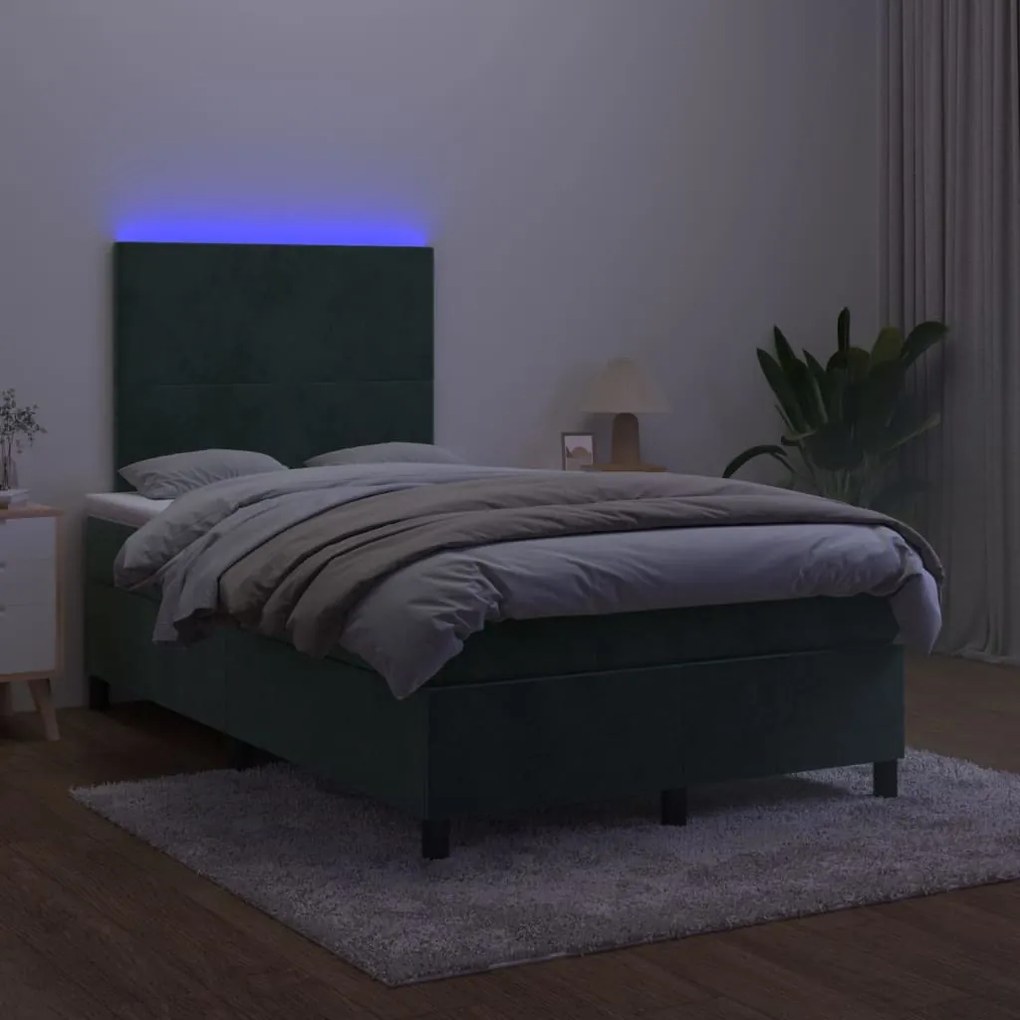 Letto a molle con materasso e led verde scuro 120x200cm velluto