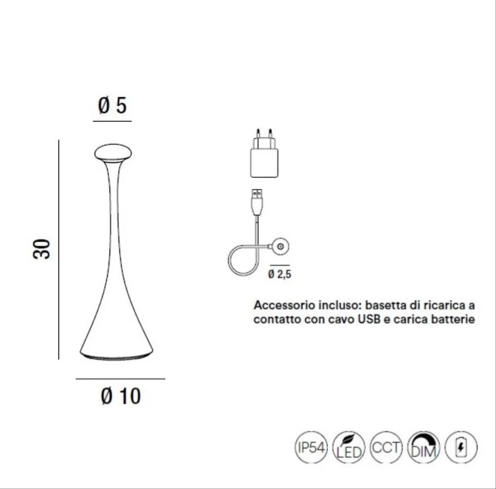 Lampada da tavolo ricaricabile a batterie in alluminio pressofuso verniciato a polvere per uso interno/esterno.